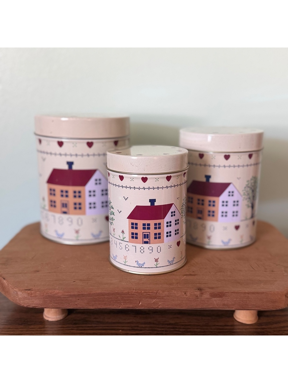 Vintage nesting tins houses tree cottage core grandma core